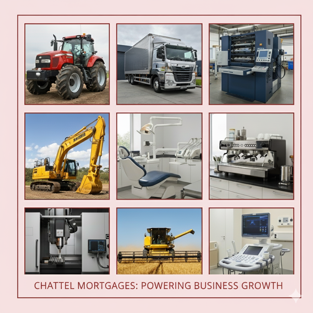 A comprehensive guide to chattel mortgages in Australia, showing a magnifying glass over a document with vehicle and equipment icons.