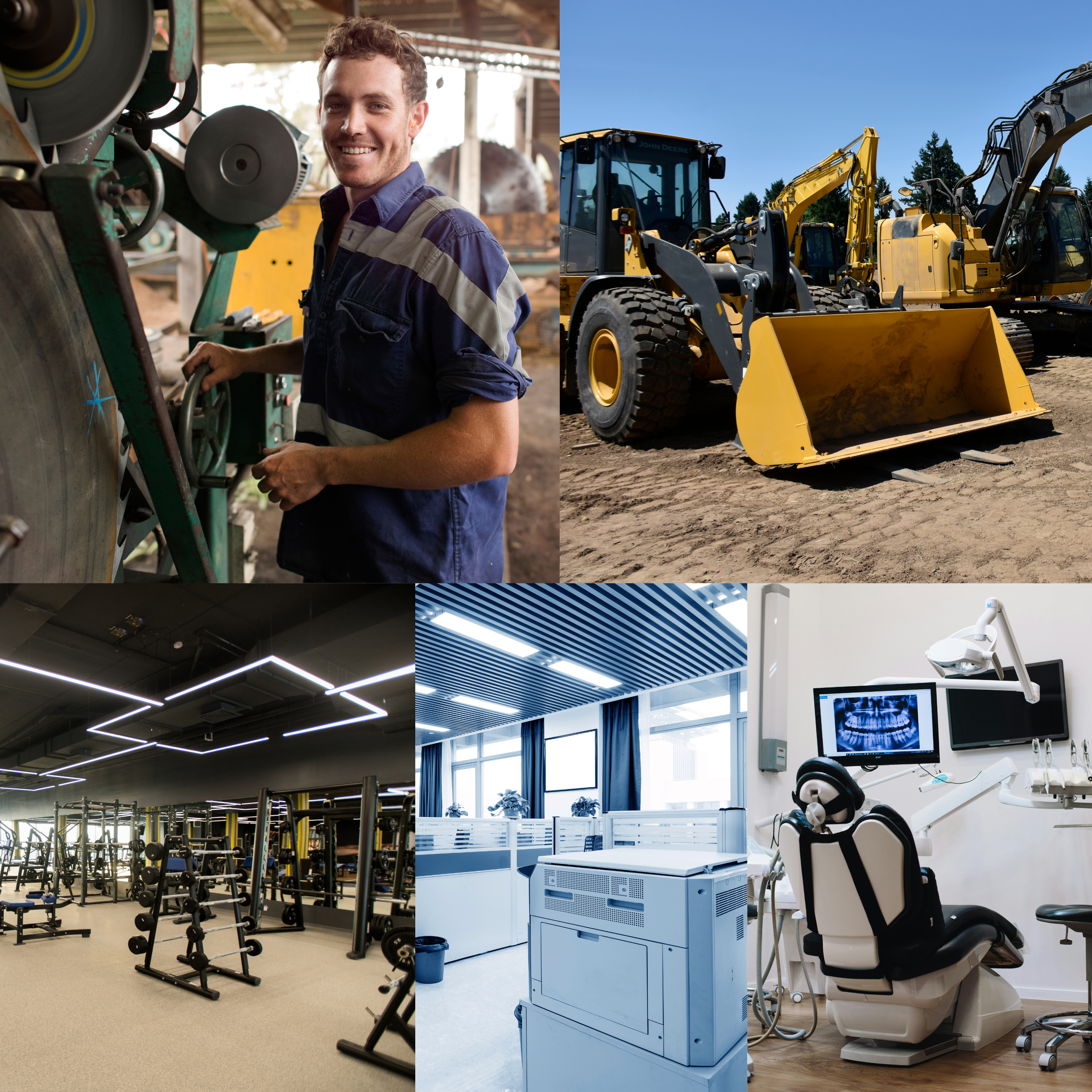 Australian business owner reviewing equipment finance options on laptop with manufacturing machinery in background